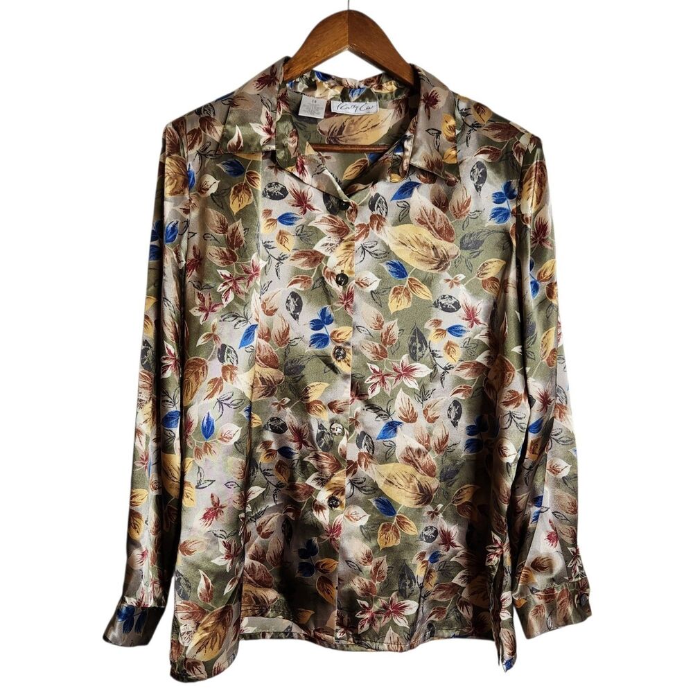Kathy Che Womens 14 Muted Botanical Lightweight Polyester Button Up LS Shirt